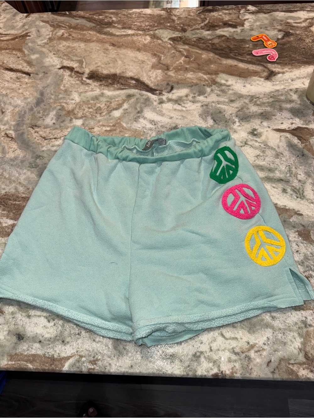 Light Aqua Women's Athletic Shorts with Colorful Peace Sign Patches
